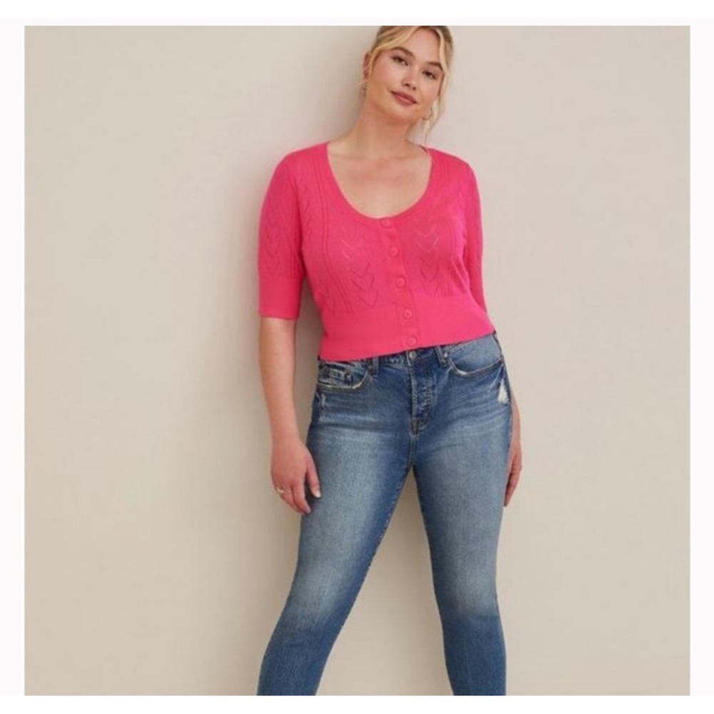 Torrid NEW Pink Heart Pointelle‎ Short Sleeve Button Front Crop Cardigan Large